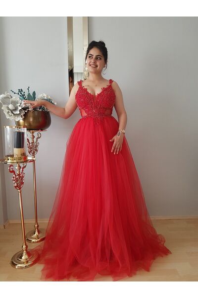 FERGAN WOMEN'S RED PRINCESS CUSTOM DESIGN LACE-UP BACK TRANSPARENT EVENING DRESS