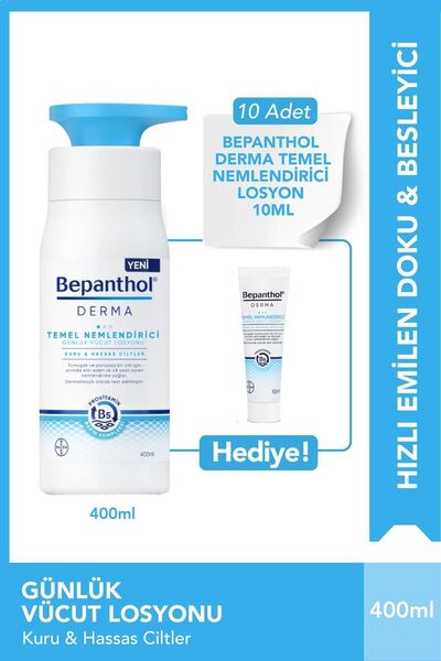 Bepanthol Derma Temel Nemlendirici 400 ml Losyon & 10 adet Günlük Vücut Bakım Losyonu 10 ml