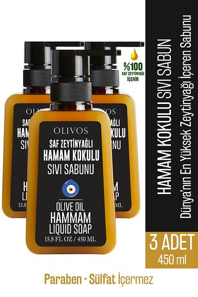 Olivos Natural Olive Oil Turkish Bath Scented Liquid Soap Olive Oil Hand Soap Intensive Moisturizing 3 PCS 450 Ml