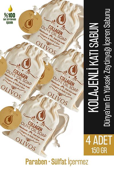 Olivos Natural Collagen and Olive Oil Solid Soap with Collagen Olive Oil Hand Soap 4 Pcs 150 Gr