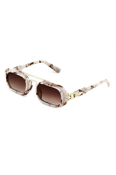 Angel Eyes Brown Marble Frame - Rectangular Gold Detailed Women's Sunglasses