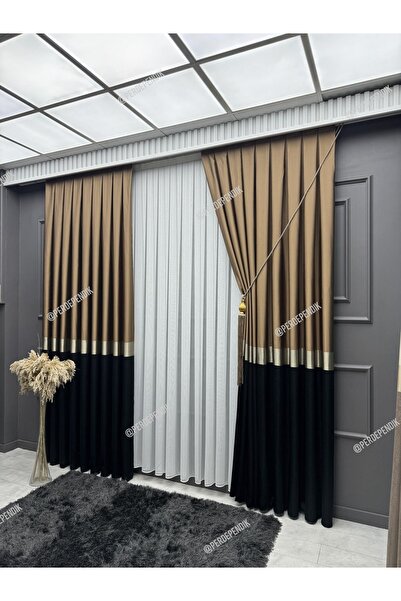 Emes Pano Fon Perde,Elegans Seri,Azra Desen Siyah Gold Kahverengi,Taç,Brilant...