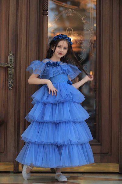 MİSS RAİN Fusta cu volane cu 4 straturi Rochie de seara pentru fete cu detaliu flori - Cadou accesoriu