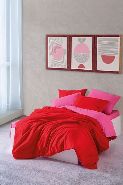 Cozy Home Popping Colors Double Duvet Cover Set - Sage, Red and Fuchsia Elastic