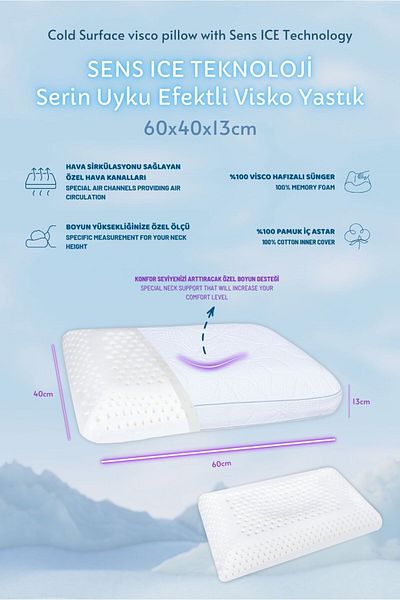 VİSCOTEX Sens Ice Technology Cool Sleeping Effect Neck Supported Visco Orthopedic Pillow Medium 60X40X13 cm