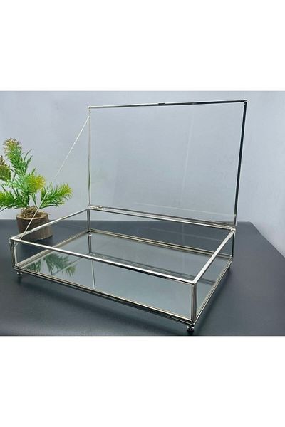 PERA HOME Glass Lid Box with Chain Large Size Silver