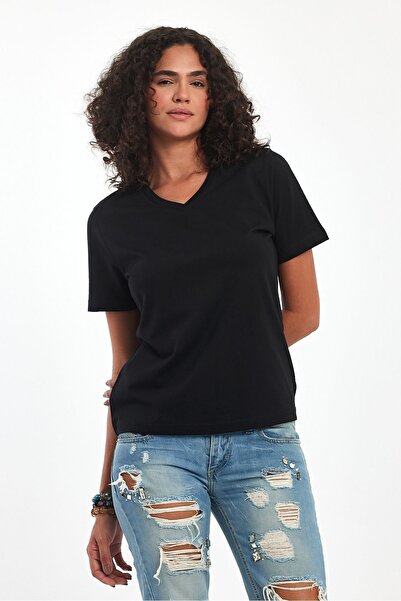 Soho Mood Black V-Neck 100% Cotton Women's Basic T-Shirt