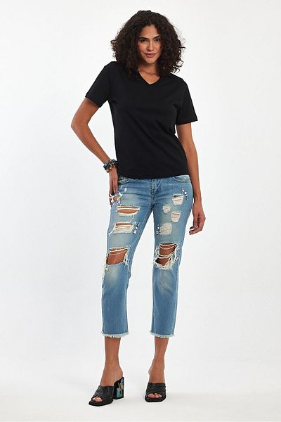 Soho Mood Black V-Neck 100% Cotton Women's Basic T-Shirt