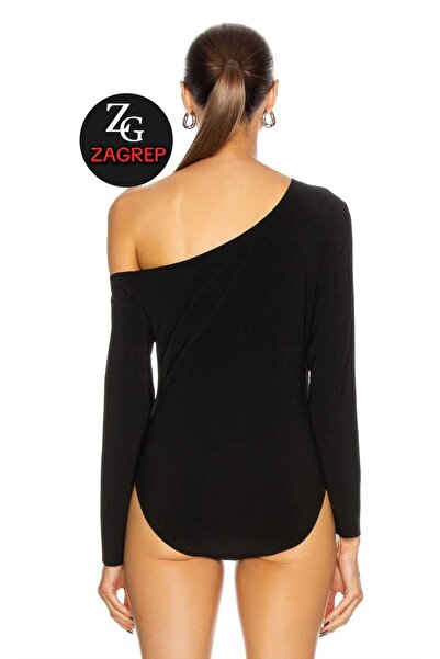 Zagrep Черно боди от копринен джърси - едно рамо и детайл от раменете