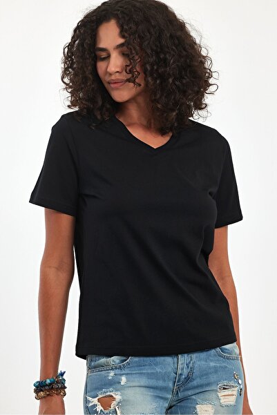 Soho Mood Black V-Neck 100% Cotton Women's Basic T-Shirt