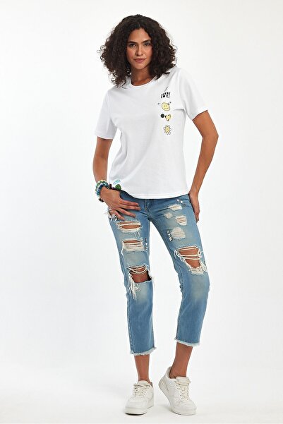 Soho Mood Λευκό Emoji Printed 100% βαμβακερό γυναικείο T-Shirt - Crew Neck