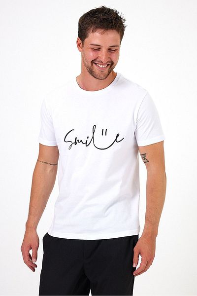 Soho Mood Ανδρικό μπλουζάκι με στάμπα Smile, λευκό 100% βαμβακερό λαιμόκοψη