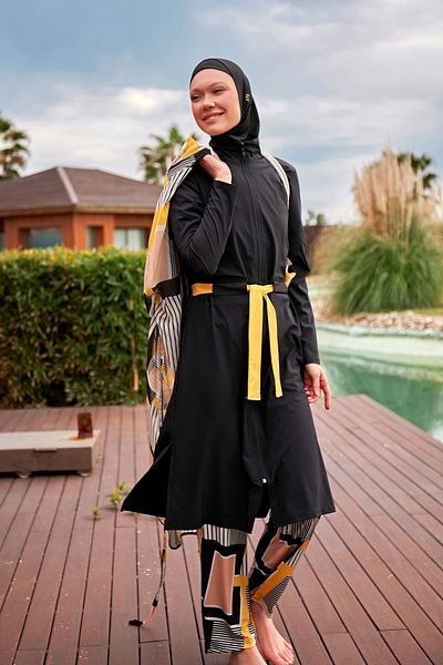 Marina Parachute Fabric Black Full Covered Hijab Swimsuit M2422