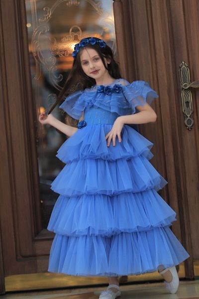 MİSS RAİN Fusta cu volane cu 4 straturi Rochie de seara pentru fete cu detaliu flori - Cadou accesoriu