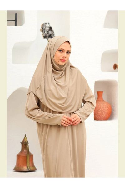 Çağrı Beige Colored One-piece Zippered Comfortable Prayer Dress - Standard Size Bundle