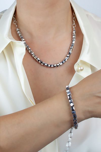 Liveyn Design Silver Chain and Cube Crystal Bracelet NecKlace Set