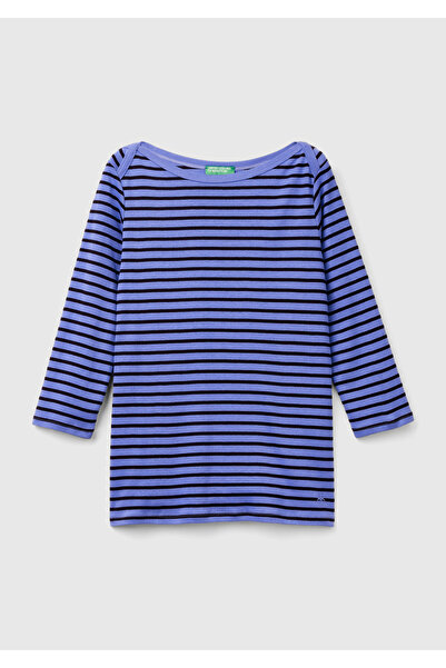 United Colors of Benetton Tricou pentru femei, 100% bumbac, cu mânecă lungă, cu gât barcă, cu logo albastru