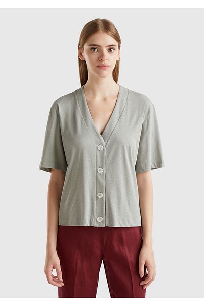 United Colors of Benetton Cardigan gri cu decolteu în V, amestec de bumbac și in, cu jumătate de mânecă
