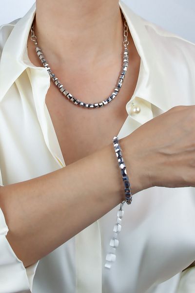Liveyn Design Silver Chain and Cube Crystal Bracelet NecKlace Set