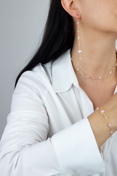 Liveyn Design Gold Colored CrysTal Jewelled Thin Chain NecKlace and Bracelet Earring Set