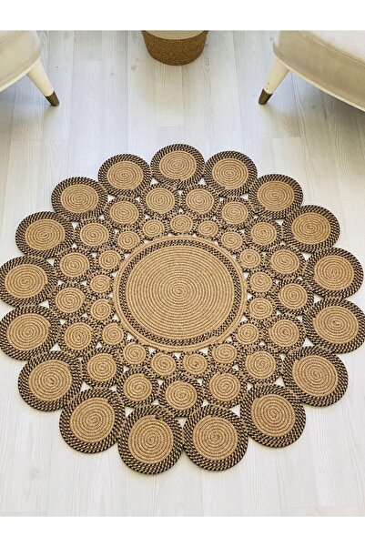 ModaCardin jüt Hasır görünümlü Desenli Modern El Örgüsü daire Halı Kilim