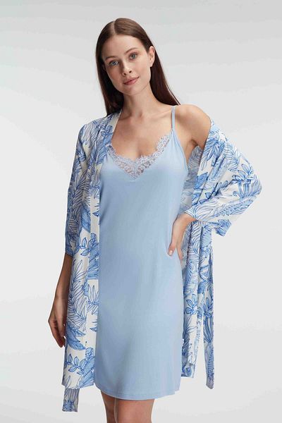Anıl 5814 Model Viscose Women's Nightgown and Dressing Gown - Rope Strap, V-neck, Floral Pattern and Lace Detail
