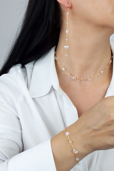 Liveyn Design Gold Colored CrysTal Jewelled Thin Chain NecKlace and Bracelet Earring Set