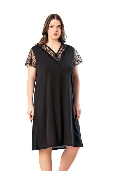 LEYNA BUTİK Cămașă de noapte neagră cu mânecă scurtă, detaliată din dantelă, mărime mare - 3xl / 4xl