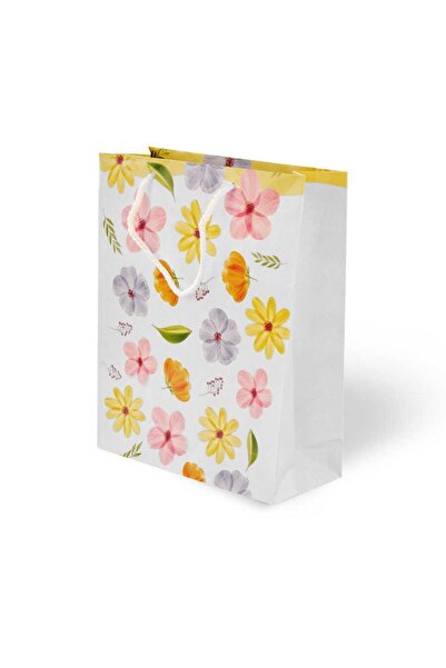 Muka Renkli Büyük Çiçekli Desenli  Karton Çanta 25x30cm Pakette 10 Ad..