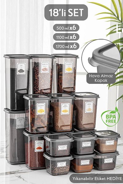 Meleni Home Set of 18 Square Food Storage Container with Lid Anthracite 6x(0.50 LT-1,10 LT -1.70 LT) Spice Rack with Label