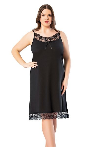 LEYNA BUTİK Black Lace Detailed Large Size Women's Nightgown - Long Nightgown with Rope Strap (3xl / 4xl)
