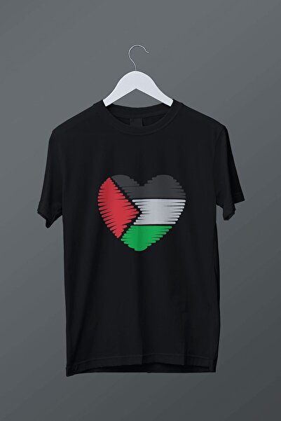 relaxbaskı تي شيرت أسود بتصميم فلسطيني ونمط قلب