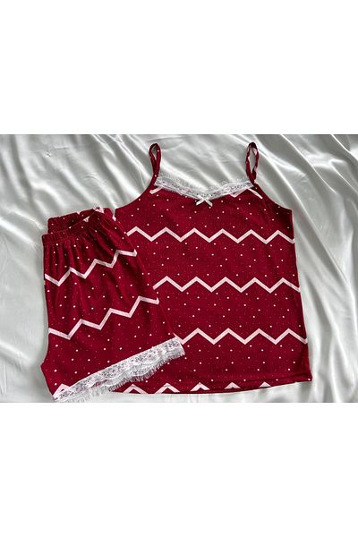 Sude HOMEWEAR Red Striped Polka Dot Printed Lace Women's Pajamas Set - Rope Strap Shorts