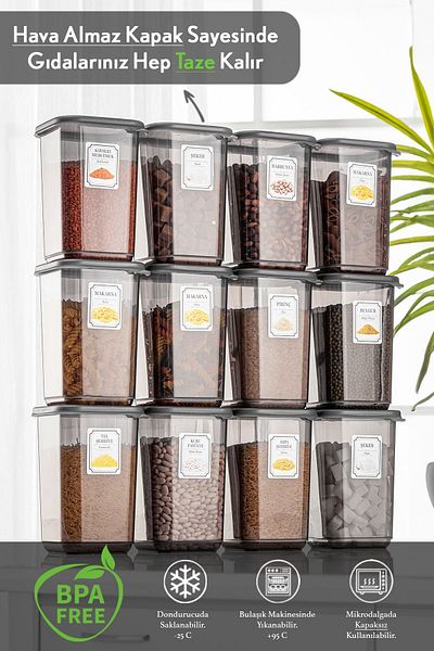 Meleni Home Set of 12 Melly Square Food Storage Container with Leak Proof Lid Anthracite 12 X 1.10 Lt Label
