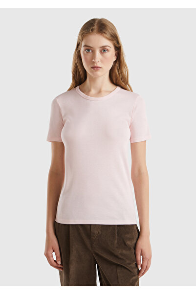 United Colors of Benetton Powder Pink Women's T-shirt - 100% Cotton, Short Sleeve, Crew Neck