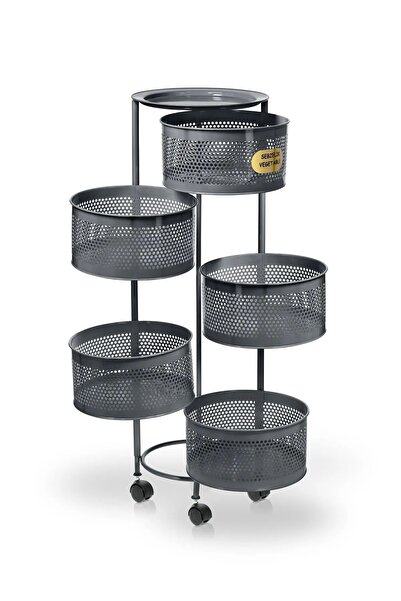 Bayev 5 Katlı Antrasit Yana Açılır Tekerlekli Patates Soğan Sepeti Sebze Meyv...