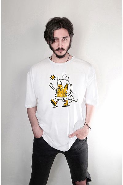 Darkia WhiTe Oversize T-shirt - Beer Beer PrinTed T-shirt