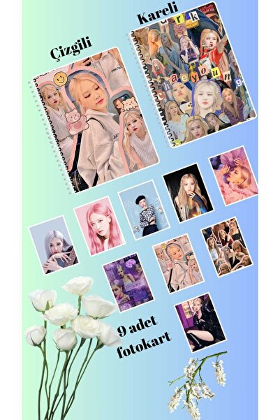 animeandyourworld rose blackpink  swift defter 2 adet  çizgili ve kareli + 9 adet fotokart seti