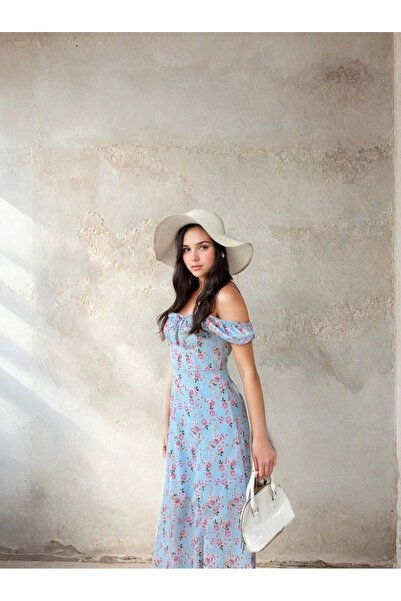 iqnr Mavi Pembe Çiçekli Midi Boy Yırtmaçlı Elbise