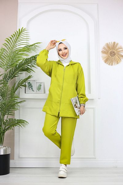 PİNK FLY Kangaroo Pocket Imported Double Fabric Hooded Women's Hijab Double Tracksuit Set