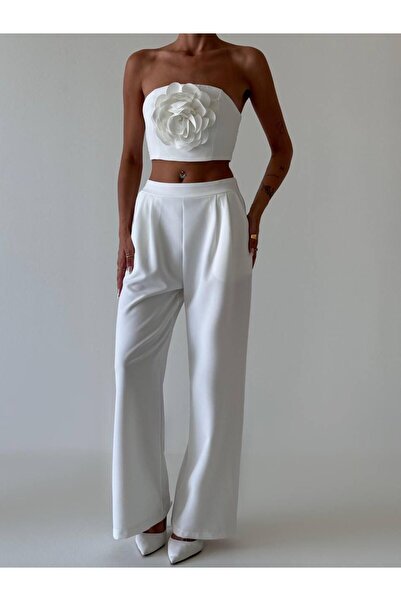 MİSSCİXFASHİON Γυναικείο Σετ Στράπλες Τοπ με Λεπτομέρεια Τριαντάφυλλου και Πα...