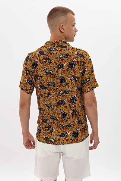 S-Ponder Men's Cat and Rose Patterned 100% Viscose Short Sleeve Shirt