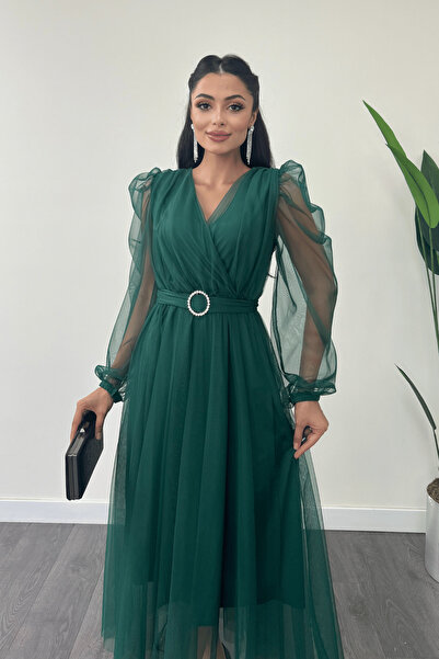 giyimmasalı Tül Kumaş Kruvaze Yaka Taş Kemer Detaylı Elbise - ZÜMRÜT YEŞİL