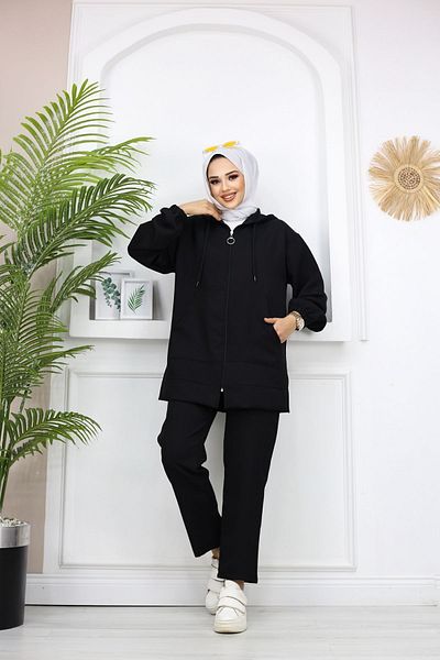 PİNK FLY Kangaroo Pocket Imported Double Fabric Hooded Women's Hijab Double Tracksuit Set