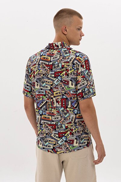 S-Ponder 100% Viscose Cassette Patterned Men's Short Sleeve Shirt