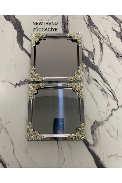 NEWTREND Züccaciye SiLver FLower Patterned 2-piece Luxury Square CoatinG Model - Tea, Coffee, Treat ServinG Presentation Tray 21x21
