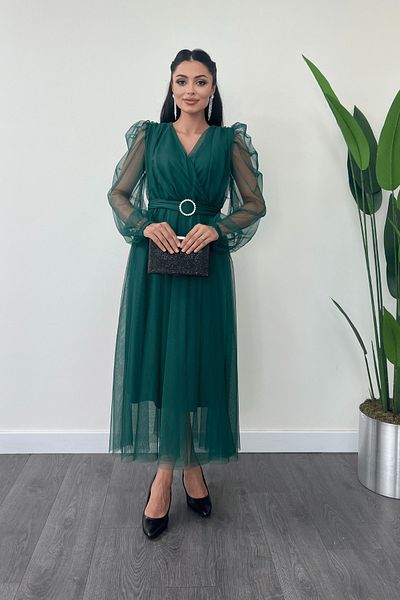 giyimmasalı Rochie Detaliata Curea Pietrei Guler Dublu Tesatura Tulle - VERDE SMART