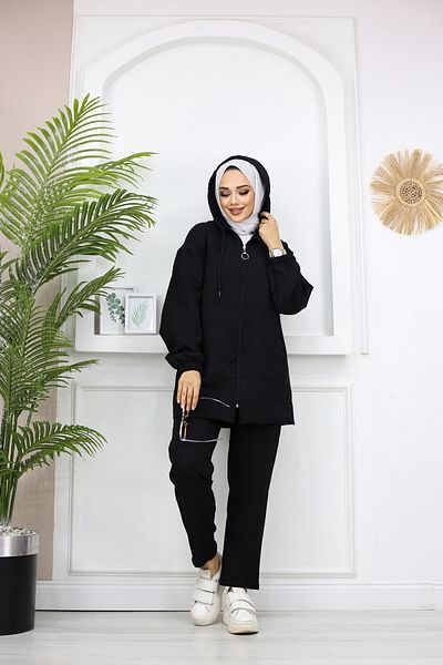 PİNK FLY Kangaroo Pocket Imported Double Fabric Hooded Women's Hijab Double Tracksuit Set