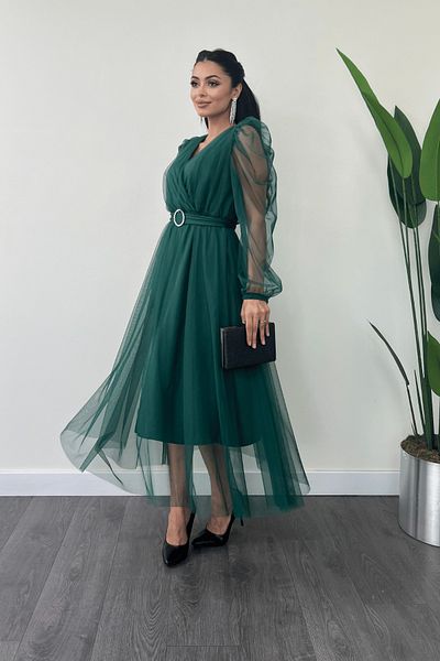 giyimmasalı Rochie Detaliata Curea Pietrei Guler Dublu Tesatura Tulle - VERDE SMART