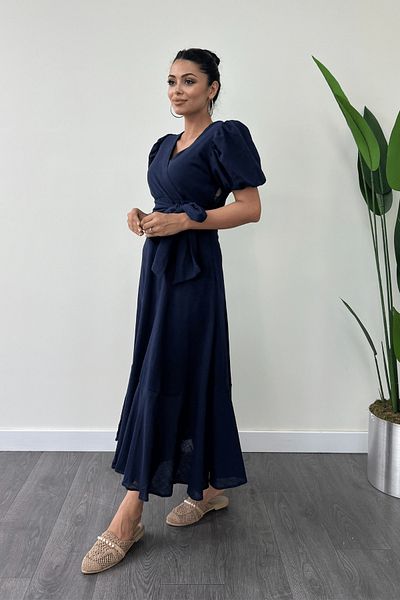 giyimmasalı Dark Blue Midi Dress - Linen Fabric, Double Breasted Collar